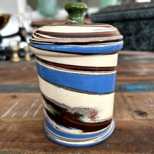 Vintage Desert Sands Pottery Lidded Jar Blue Brown Creme Swirl 5.5