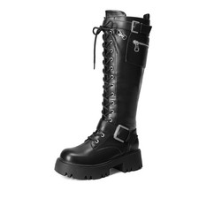 Women Combat Knee High Boots Round Toe Zip Up Riding Motorcycle Boots picture