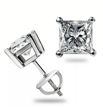 4Ct Princess Cut VVS1/D Lab Created Studs Earrings 14k White Gold 7mm Screw Back picture