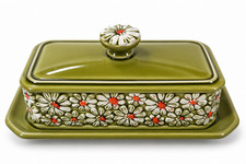 Vintage Brinn's Japan Butter Dish Avocado Green Daisy Floral T-1936 1970s picture