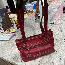Tignanello Red Pebbled Shoulder Bag Zip & Magnetic Close, Pockets, Silver picture
