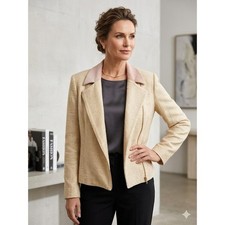 St. John Cream Metallic Knit Moto Jacket Pink Contrast Collar Gold Zip Blazer 14 picture