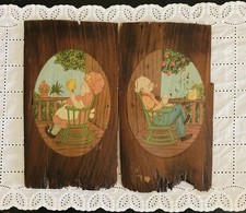 Vtg Folk Art Wooden Rustic Plaques Grandma Grandpa Porch Rocking Chair 12” picture