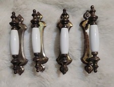 4-Vintage Keeler Brass Porcelain Drawer Pulls Knob Handles Plates N14643 picture