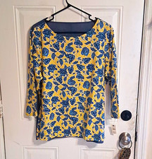 Talbots Women's XL Yellow/Blue Floral Scoop Neck Long Sleeve Button Back Top picture
