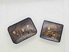 Antique Pair of Chinese Black Lacquer Miniature Boxes with Gilt Decoration & Inl picture