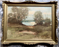 Otto Wild 1898 Hamburg Oil Painting Landscape Birch At Lake Shore Frame Antique picture