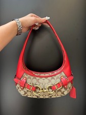 Coach Belted Ergo 26 Shoulder Bag Signature Jacquard Khaki Red Leather Hobo picture