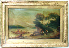 ANTIQUE 19 c OIL PAINTING WITH FARMERS MOVING COWS ON SAIL BOAT  , SIGNED picture