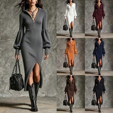 Elegant Women's Zipper Knitted Stand Collar Lantern Long Sleeve Split Dress Fall picture