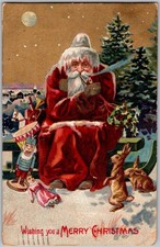 Antique 1909 Postcard Wishing Merry Christmas Santa Claus Smoking Pipe Germany picture