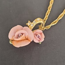 Vintage Pink Porcelain Rose Necklace Earrings Set Gold Tone Rhinestone Floral picture