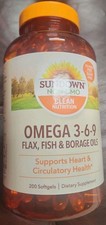 Sundown Omega 3-6-9 Flax Fish Borage Oils Heart Circulatory Health 200 ct 5/2027 picture