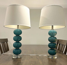 Pair of Vintage Murano-Style Teal Blown Glass Stacked Ball Table Lamps picture