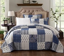 DaDa Bedding Cotton Bohemian Denim Blue Farmhouse Patchwork Floral Bedspread Set picture