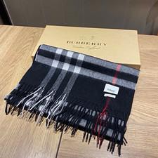 Burberry Men's Cashmere Plaid Scarf Black Gray Red Fringe Logo picture