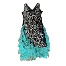 Roaring 20s Great Gatsby Party Peacock Dress With Asymmetrical Fringe - Size [L] picture
