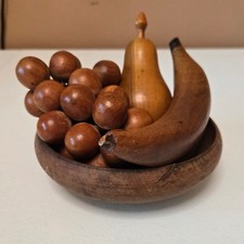 Vintage MCM Carved Wood Fruit Bowl Set Grapes Banana Pear Mid Century Decor picture
