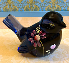 Signed vintage Fenton art glass Amethyst/ purple bird hand painted flowers  picture