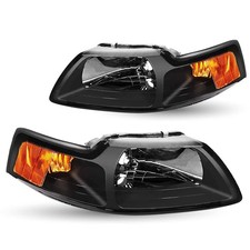 1999-2004 Mustang Upgraded Halogen Headlights Black Housing Amber Reflector Pair picture