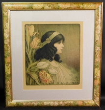 Paul Berthon Original Lithograph c.1900 – Art Nouveau Woman Profile Signed Frame picture