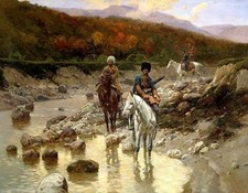 Oil painting Franz Roubaud Cossacks in the mountain river horsemen Hand painted picture