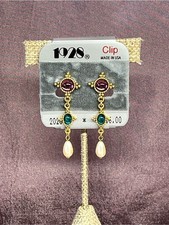 1928 Clip-On Earrings NWT Gold Tone Faux Pearl Cabochon Dangle Earrings Vintage picture