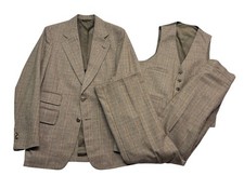 vtg 70s Palm Beach 38R 30x32 Brown Glen Plaid 3pc Tweed Pant Suit Wool USA Retro picture