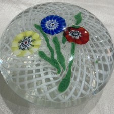 Vintage Murano Style Art Glass Paperweight 3 Flowers White Latticino Basket 3.5” picture