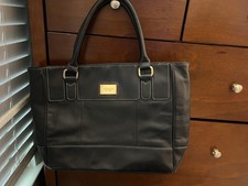 FREE SHIPPING Tignanello Women's Black Pebbled Tote Striped Lined Zip, Pockets picture