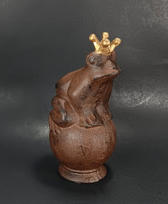 Cast Iron Prince Charming Frog Statue w/ Gold Crown Sitting On Ball 7