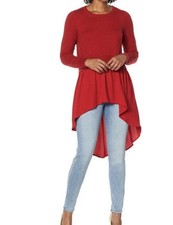 DG2 Diane Gilman Combo Sweater With Hi Low Chiffon Hem Red L picture