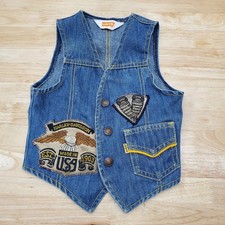 Vintage Kids Levis Blue Denim Vest Size 4T With Vintage Harley Davidson Patches  picture