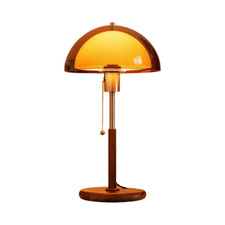Mid Century Modern Mushroom Table Lamp Amber Shade Metal Wood Grain Bedside Ligh picture