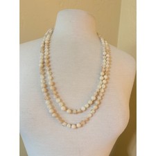 Vintage Neutral Hand Knotted Stone Glass Bead Long Strand Necklace Cream Beige picture