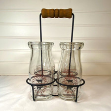 Vintage Ronnybrook Farm Dairy & Ralph's Ice Cream Glass Milk Bottle/W Wire Caddy picture