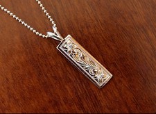 Hawaiian Plumeria Scroll Vertical Tag Pendant 925K Silver Necklace #SP10802 picture
