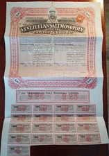 Venezuela 1906 Salt Monopoly 25 Sterling UK GB Share Coupons Action Bond Loan picture