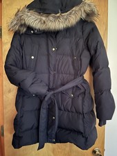 J Crew Black XL Hooded Puffer Coat Faux Fur Trim Belted Mid-Length Down picture