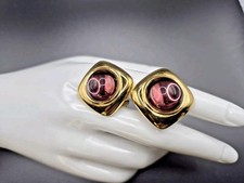 Vintage MONET Signed Purple Clip-on Earrings Luxury Cabochon 1