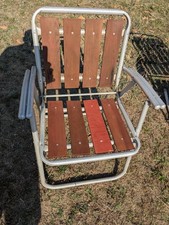 Vintage MCM Redwood 4 Slat Folding Lounge Lawn Chair Aluminum Mid Century Retro picture