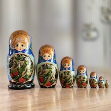 Vintage Russian Nesting Dolls 7 Pc Set Matryoshka Babushka Strawberries Flowers picture