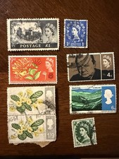 Great Britain Elizabeth II Used Stamp Lot of 7 Pre-Decimal £1 1d 4d 6d 9d picture