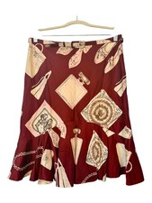Vintage Odille Anthropologie Flare Knee Length Skirt Burgundy Ivory Cotton 8 NWT picture