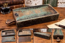 Antique 19th C Folk Art Wood Writing Box Inkwell Pen Case Sliding Lid Primitive picture