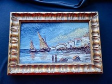 Antique Oil Painting Seascape French Boats Framed Old European Original Vintage picture