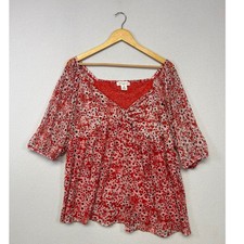 Cottagecore Boho Skye's The Limit Woman 2X Red Floral Mesh Smocked V-Neck Top picture