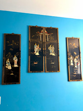 Beautiful Mid Century Chinese Black Lacquer Wall Panels Set of 4 Geisha in Lands picture
