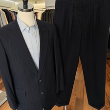 Vtg Norman Hilton Navy Wool Suit 43L Slim 35x30 Full Canvas Hand Tailored 1990s picture
