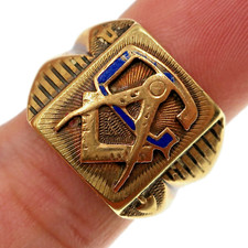 Vintage Ostby Barton 10k Yellow Gold Mason Ring Enamel Size Original Patina 9.25 picture